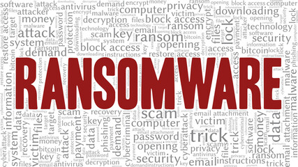 Ransomware vector illustration word cloud isolated on a white background.