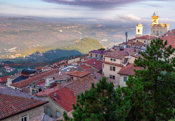 Fototapeta premium San Marino Aerial view of the valley in the morning.