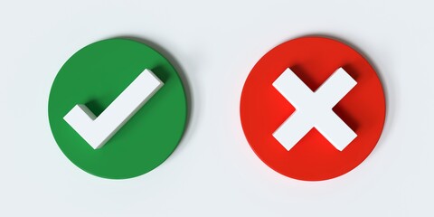 Tick and cross signs. Green checkmark and red X icons, isolated on white background. 3d render