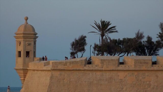 Walls of a fortress with palmtrees around.