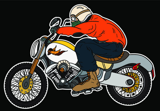 Vintage vector motorcycle.Biker and motorbike helmet with with big bike chopper.