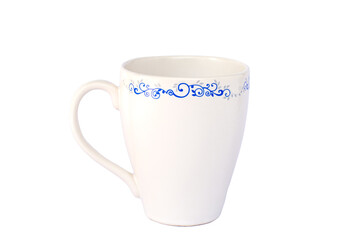 Empty decorative white ceramic flower pattern with one handle cup isolated on white background. modern mug for tea, coffee, or milk. Shiny bright color glazed vintage handmade mug for drinking water.