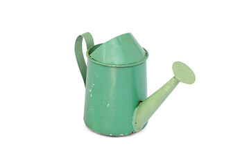 Empty decorative green metal watering can zinc coated with one handle cup isolated on white background. Metallic watering-can use container water to plant a flower in garden. concept of gadening tool