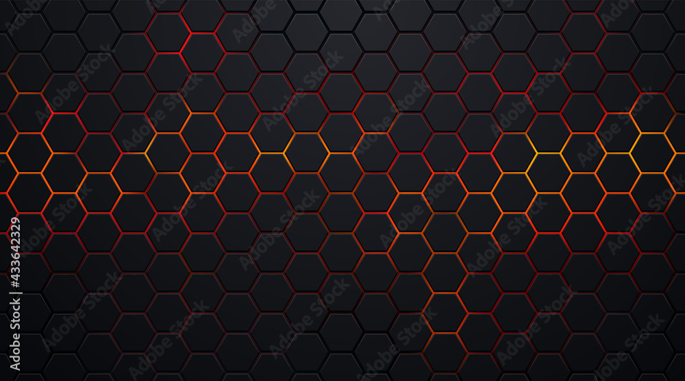 Canvas Prints dark black hexagon pattern on red, orange neon abstract background in technology style. modern futur