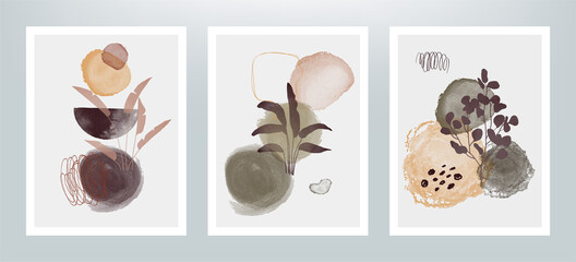 Set of watercolor texture tropical leaves posters. Abstract nature illustration with textured abstract leaves. 