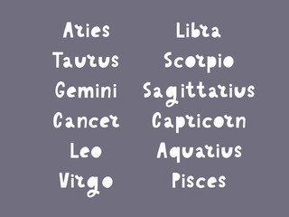 Fototapeta na wymiar Zodiac lettering Vector Sign. Cartoon astrology text illustration. Horoscope handwritten icon set.