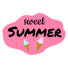 text sweet summer on pink spot with ice cream in waffle cone closeup isolated on white background