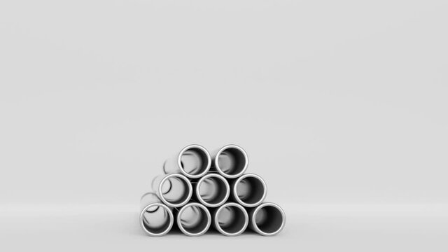 Metal pipes stack, round straight aluminum or pvc plumbing pipelines. Industrial pieces for conducting factory or construction works. Glossy steel tubes set on white background. Realistic 3d animation