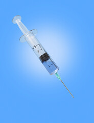 Syringe with vaccine on blue. 3D Rendering illustration.
