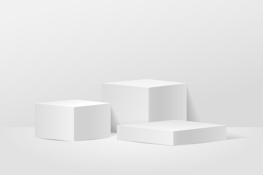 Realistic white and gray 3D cube pedestal podium set in abstract room. Minimal scene for products stage showcase, promotion display. Vector geometric platform design. Vector illustration