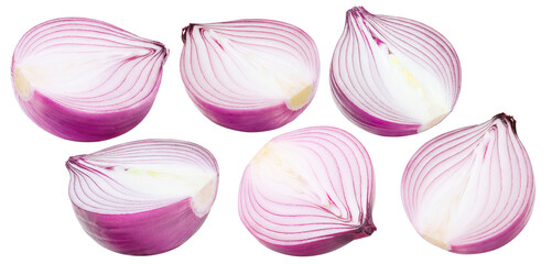 Red onion set isolated on white background. Sliced in half.