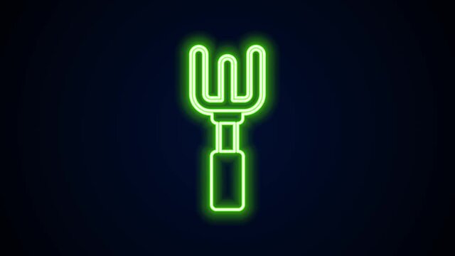 Glowing neon line Garden rake icon isolated on black background. Tool for horticulture, agriculture, farming. Ground cultivator. Housekeeping equipment. 4K Video motion graphic animation