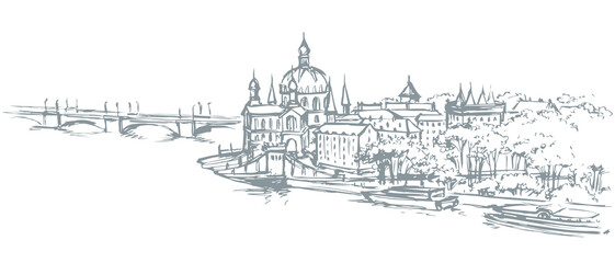 Hungarian Parliament Building. Vectos drawing scene - obrazy, fototapety, plakaty