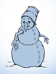 Snowman in snow. Vector drawing.
