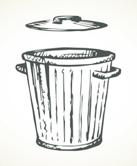 Iron trash can isolated on white. Black ink hand drawn sign