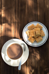 Top view of hot cocoa and cookies.