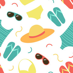 Summer seamless pattern with elements of a beach holiday. Vector background with a bathing suit, slippers, glasses and a hat. Flat hand-drawn style