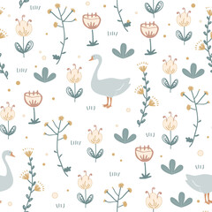 Cute seamless pattern with goose and doodle flowers. Vector illustration