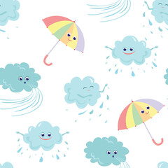 Funny cartoon rainy clouds, wind and umbrellas seamless pattern. Baby background with cute characters. Vector flat children's illustration.