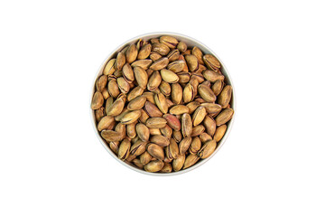 pistachios in bowl on white background close up