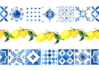 Mediterranean tiles seamless borders set - obrazy, fototapety, plakaty