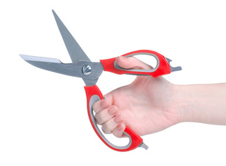 Red kitchen scissors in hand on white background isolation
