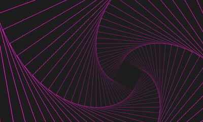 Naklejka premium Abstract geometric banner. Swirling pink lines on a gray background. Whirl square, wave stripes, rotation movement, neon spiral image. Futuristic twist grid backdrop. Vector optical art illustration