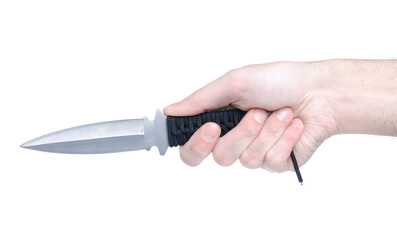 Throwing knife dagger in hand on white background isolation