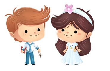 Illustration of a boy and a girl dressed in first communion dresses