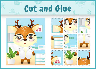Children board game cut and glue with a cute deer doctor character illustration