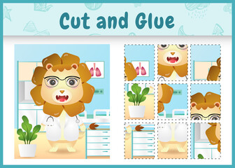 Children board game cut and glue with a cute lion doctor character illustration