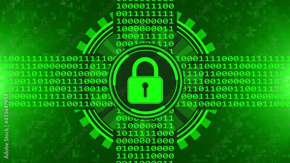Poster secure technology concept - padlock in movement of hud and varying binary code - graphic elements in