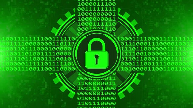 Secure technology concept - padlock in movement of hud and varying binary code - graphic elements in green on blurred background as circuit board