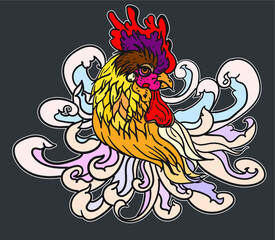 Thai chicken fight with peony flower tattoo.Traditional Thai tattoo and wave design.