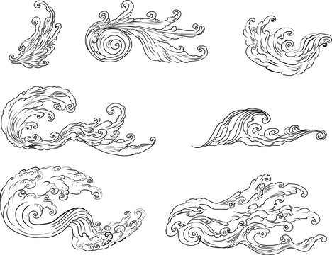 water splash and Japanese wave for tattoo.Japanese wave for tattoo.a set of hand drawn water tattoo.Thai style