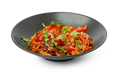 Bowl with asian wok noodles isolated on white