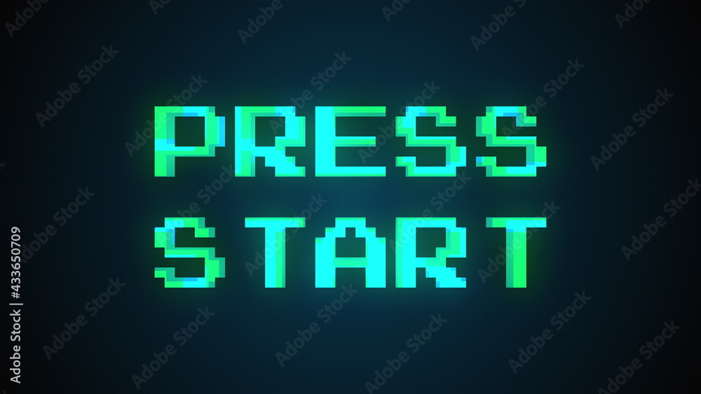 Fototapete computer generated a text message screen: press start. 3d rendering 8-bit font, black background for