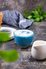 Blue matcha latte with milk