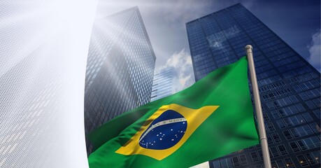 Abstract grey geometrical shapes over brazil flag against tall buildings in background