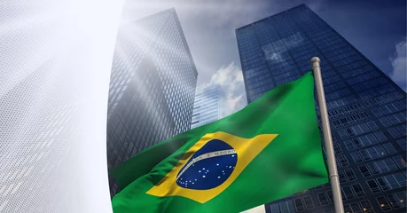 Printed kitchen splashbacks Brasil Abstract grey geometrical shapes over brazil flag against tall buildings in background