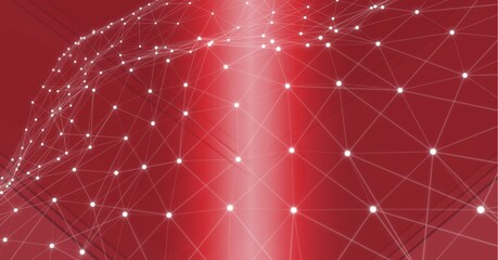 Network of connections against abstract geometrical shapes on red background