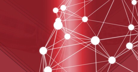 Globe of network of connections against against abstract geometrical shapes on red background