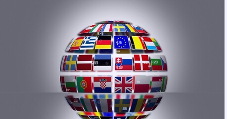 Globe made of different european union countries flags against grey background