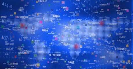Stock market data processing and business concept texts over world map against blue background