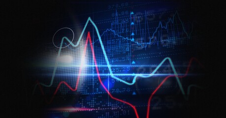 Digitally generated image of statistical and stock market data processing against black background