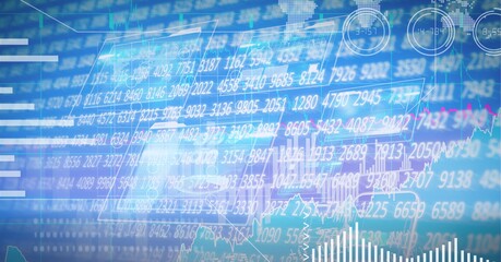 Digital interface with stock market data processing against blue background