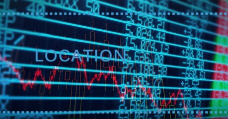 Location text and multiple graphs over stock market data processing on black background
