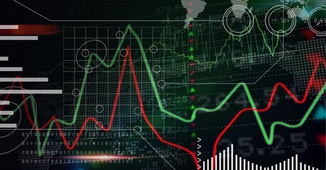 Multiple graphs over statistical and stock market data processing on black background