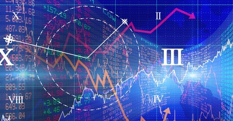 Roman numbers and multiple graphs over stock market data processing on blue background