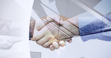 White technology background over mid section of two businessmen shaking hands against tall buildings